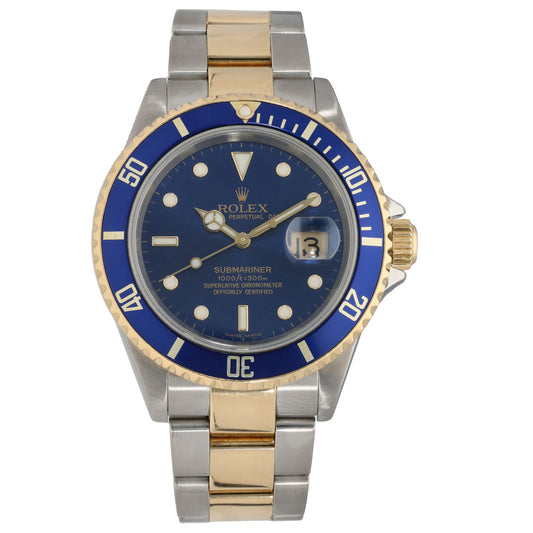 Bi-colour Rolex Submariner 16613 watch with blue dial, blue bezel, steel and gold bracelet