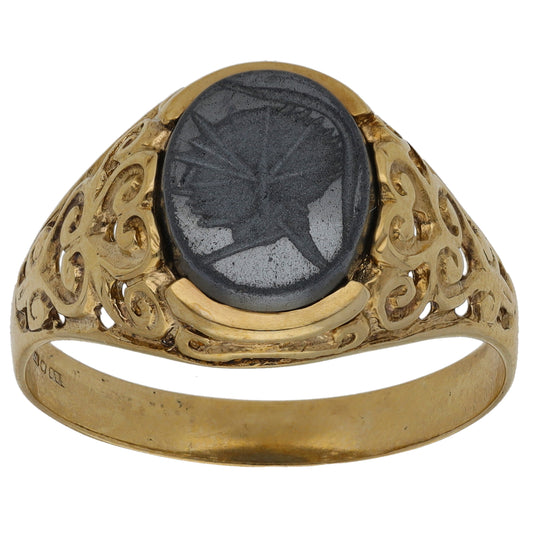 9ct Gold Hematite Crest/Emblem Signet Ring Size Y