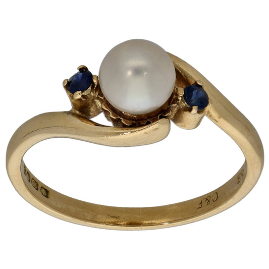 18ct Gold Cultured Pearl & Sapphire Three Stone Ring Size K