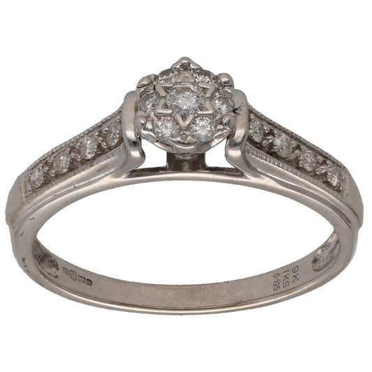 9ct white gold diamond cluster ring with round center stone and halo