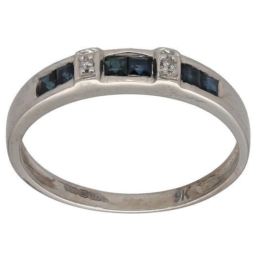 9ct White Gold Sapphire & 0.02ct Diamond Half Eternity Ring Size Q