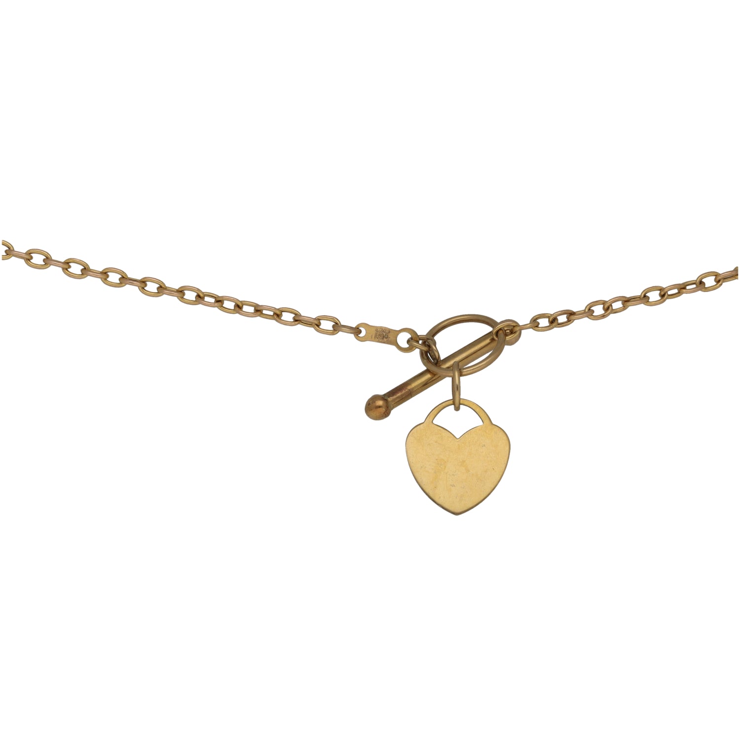 Gold belcher chain necklace with heart charm and clasp detail