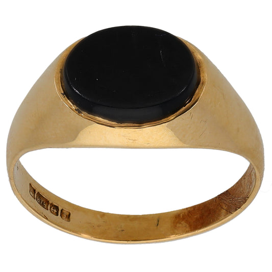 Gold onyx single-stone ring, oval black cabochon bezel set