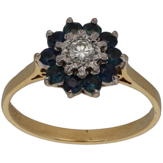 18ct Gold Sapphire & 0.15ct Diamond Cluster Ring Size R