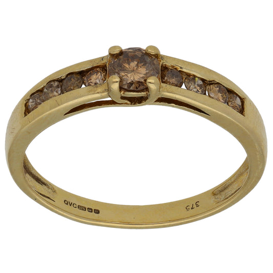 9ct Gold 0.41ct Diamond Solitaire Ring With Accent Stones Size R