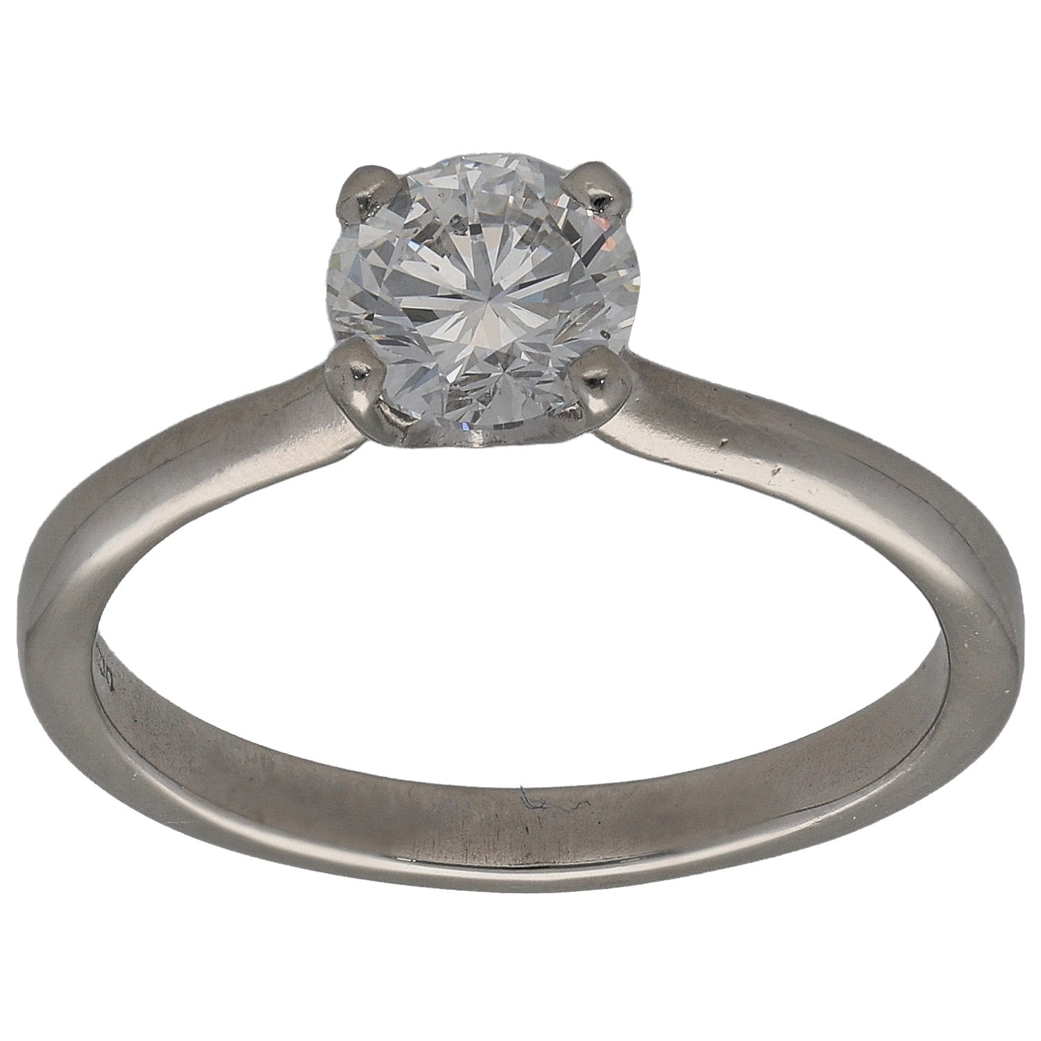 Platinum round diamond solitaire ring, bezel-set center stone on slim band