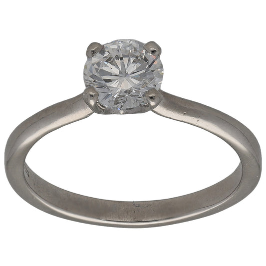 Platinum round diamond solitaire ring, bezel-set center stone on slim band