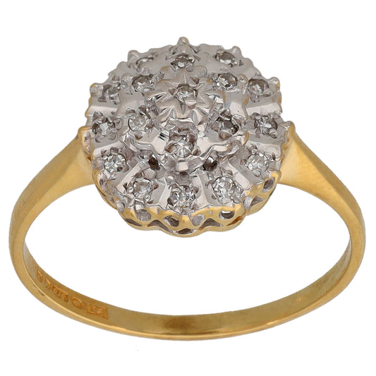 9ct gold round diamond cluster ring, scalloped cluster of round clear stones
