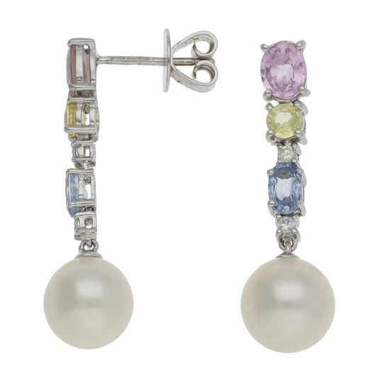 18ct White Gold Cultured Pearl, Sapphire & 0.08ct Diamond Drop Earrings