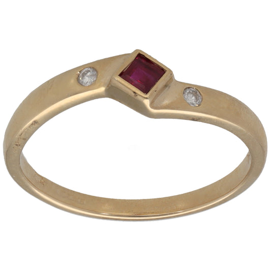 9ct Gold Ruby & 0.02ct Diamond Three Stone Ring Size M