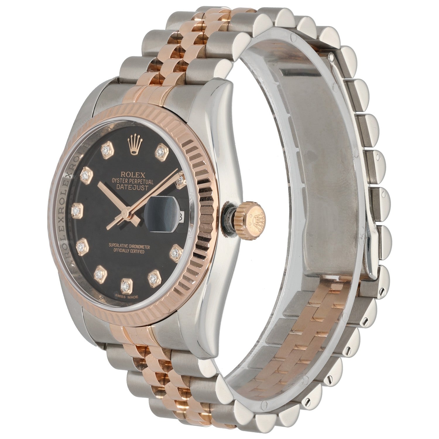 Rolex Oyster Perpetual 116231 bi-colour watch side view, black dial with rose-gold accents