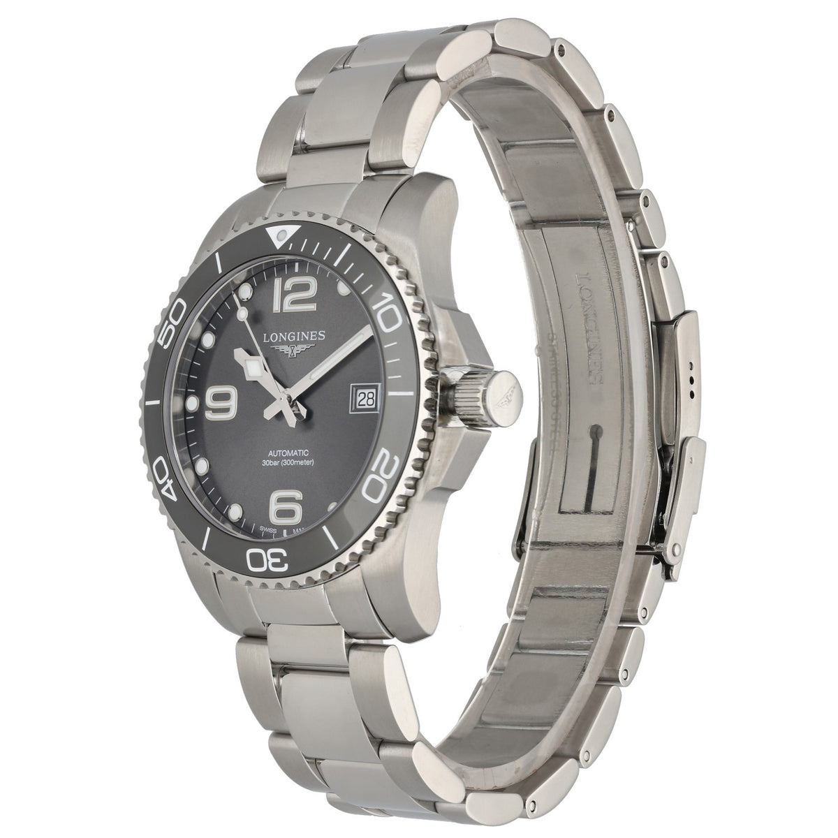 Longines Hydro Conquest L3.781.4, grey dial and bezel, on stainless steel watch, front angle