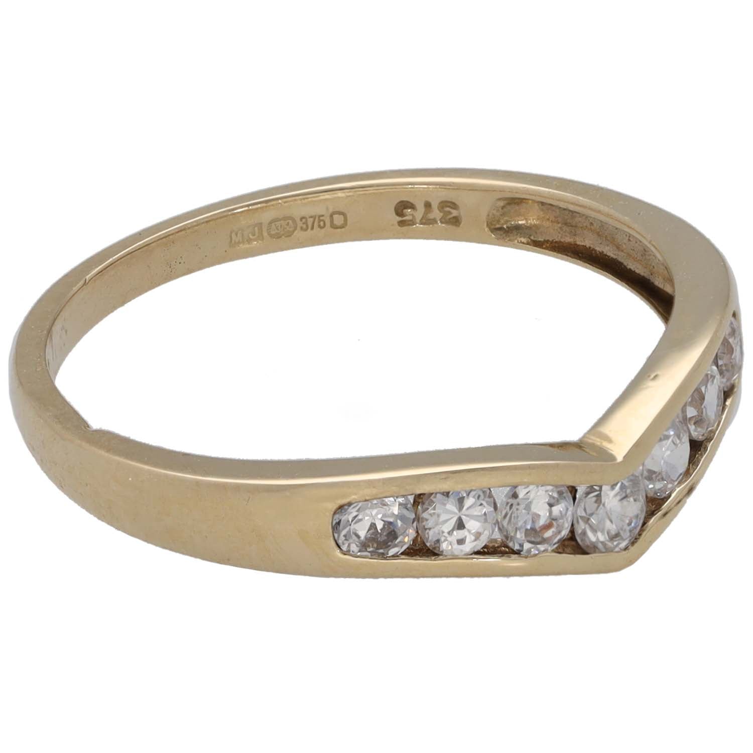 9ct gold wishbone ring, side profile with row of clear CZ stones