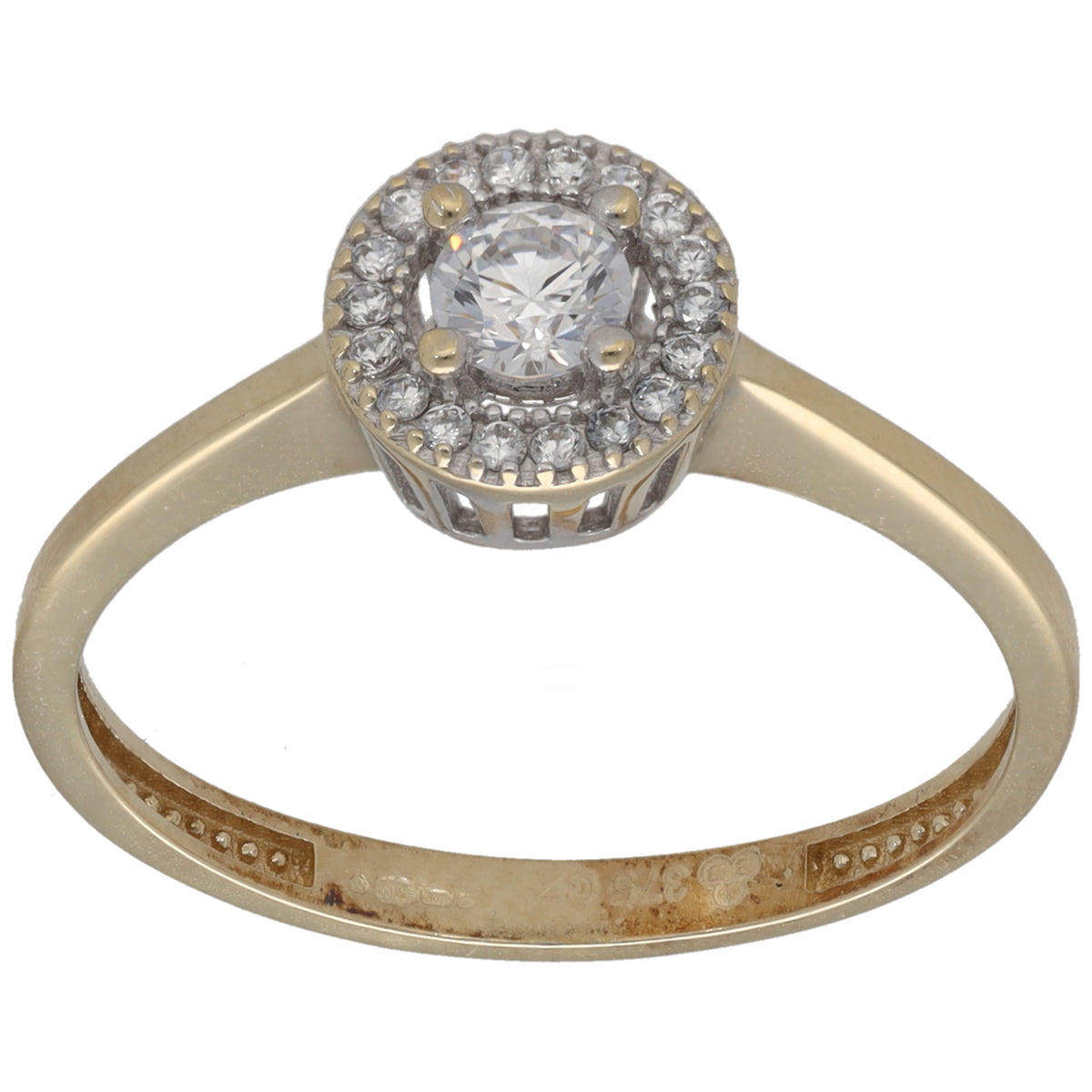9ct gold CZ cluster ring with round halo center stone, prong-set band