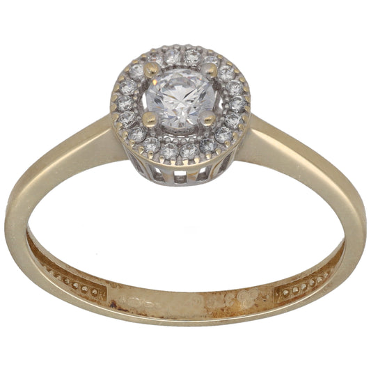 9ct gold CZ cluster ring with round halo center stone, prong-set band