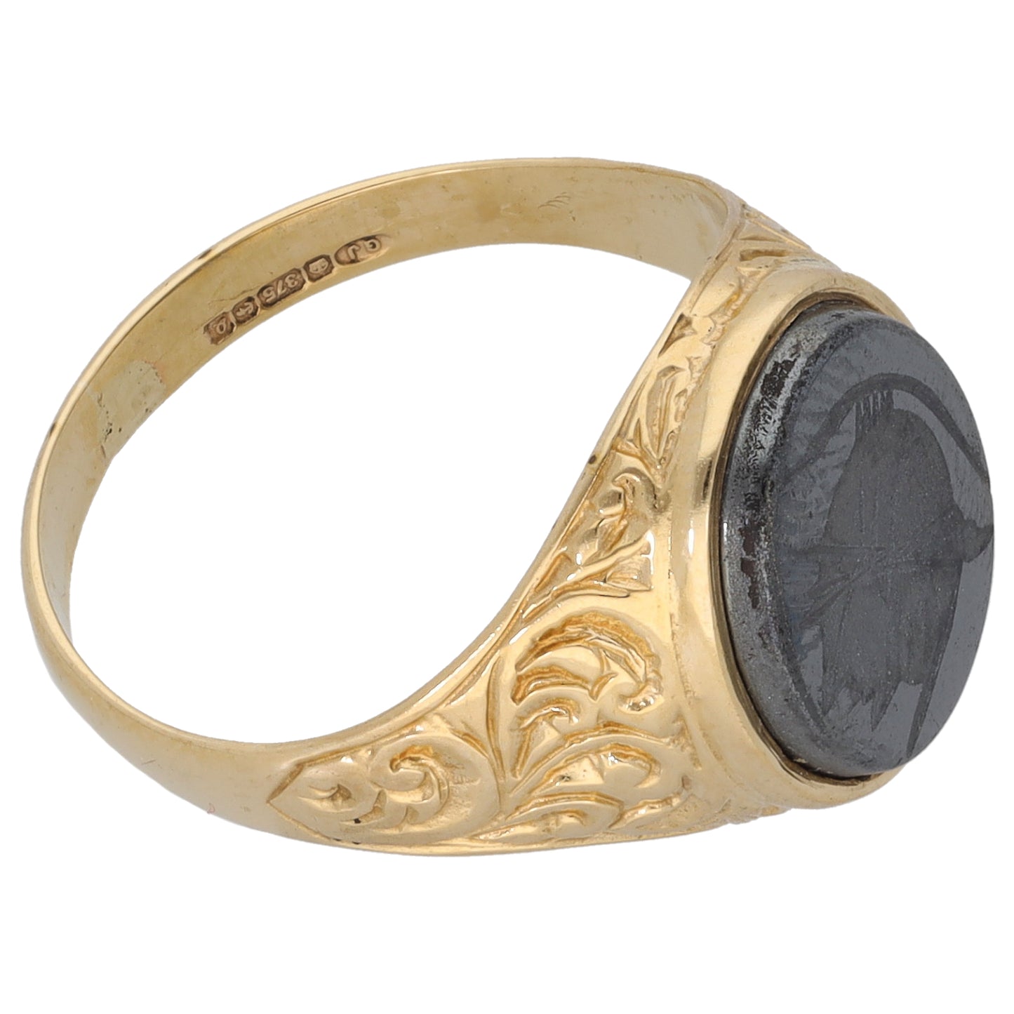 9ct Gold Hematite Crest/Emblem Signet Ring Size N