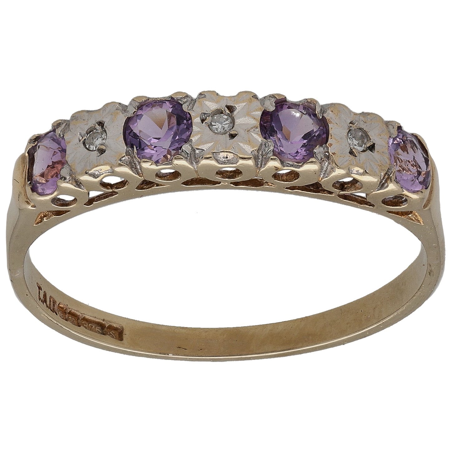 9ct Gold Amethyst & 0.03ct Diamond Half Eternity Ring Size U