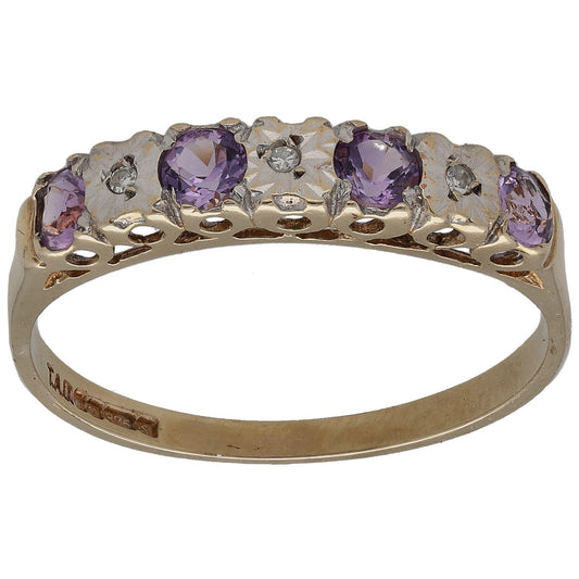 9ct Gold Amethyst & 0.03ct Diamond Half Eternity Ring Size U