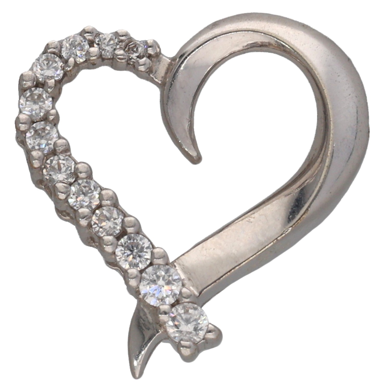 White gold CZ heart pendant with round stone halo and curved bail