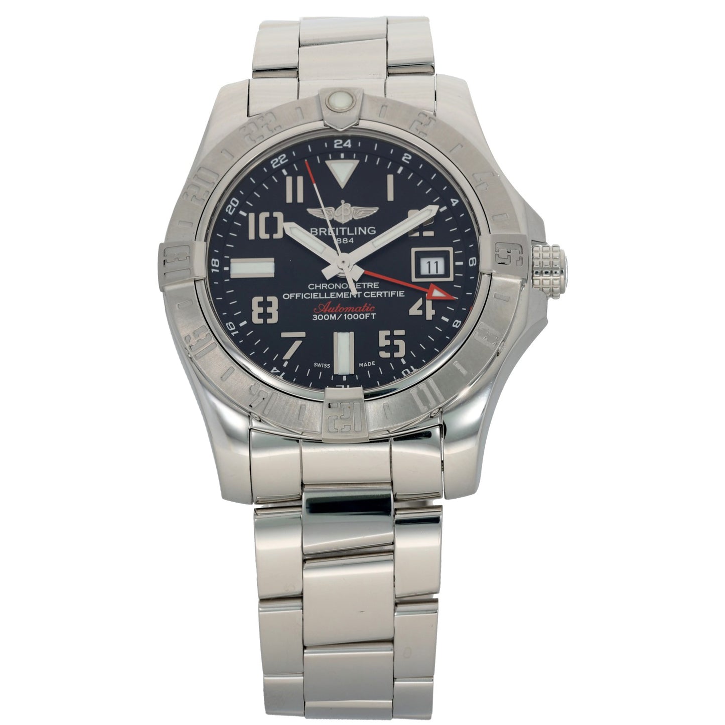 Breitling Avenger A32390 43mm stainless steel watch with dark blue dial and date window