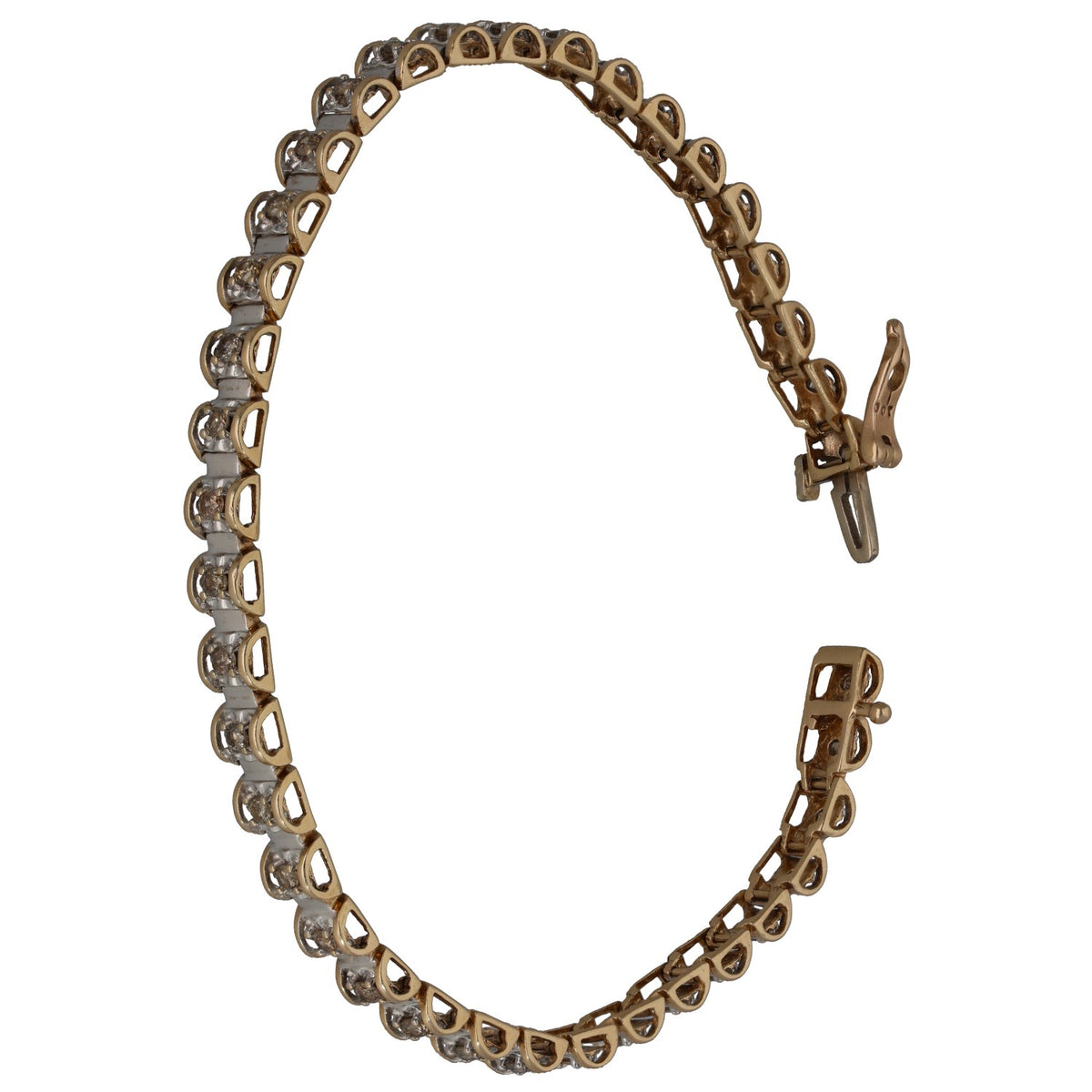 Bicolour gold tennis bracelet with oval links and round diamond accents, hinged clasp