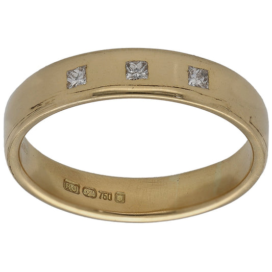 18ct yellow gold wedding ring with three square diamond insets on top, inner hallmarks