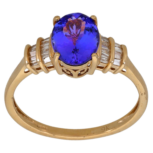 9ct Gold Tanzanite & 0.11ct Diamond Single Stone Ring With Accents Size Q
