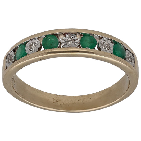 9ct Bicolour Gold 0.025ct Diamond & Emerald Half Eternity Ring Size Q