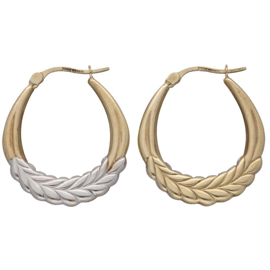 9ct gold creole hoop earrings with braided twist design, hinged post and clasp