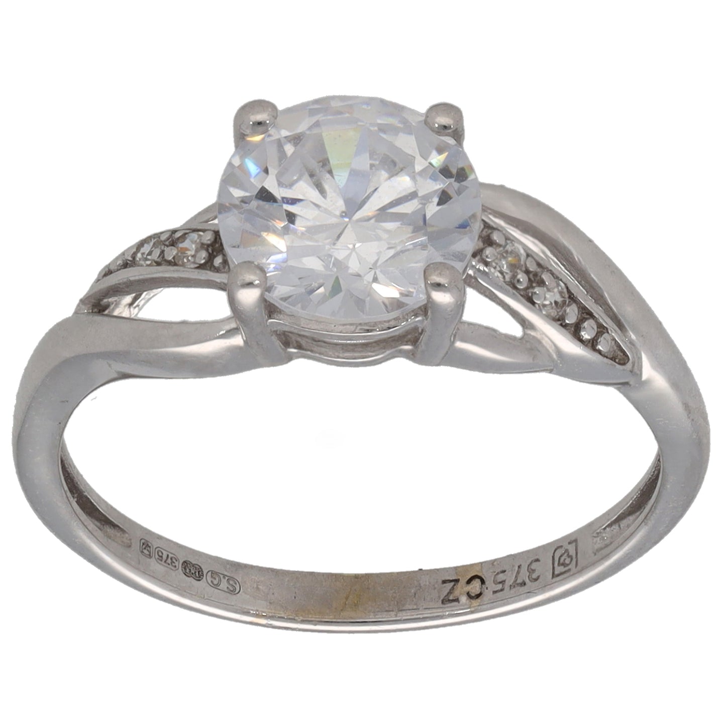 9ct White Gold Cubic Zirconia Single Stone Ring With Accents Size K