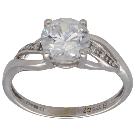 9ct White Gold Cubic Zirconia Single Stone Ring With Accents Size K