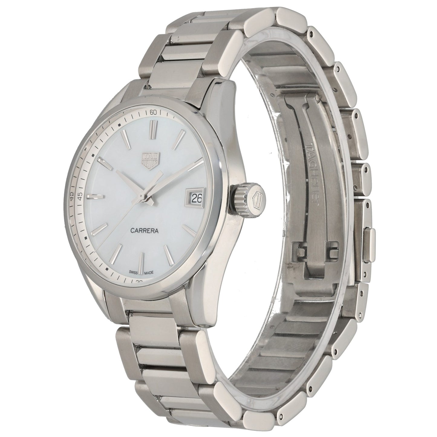 Tag Heuer Carrera WBK1311, White Mother of Pearl dial with date window, stainless steel, front angle image