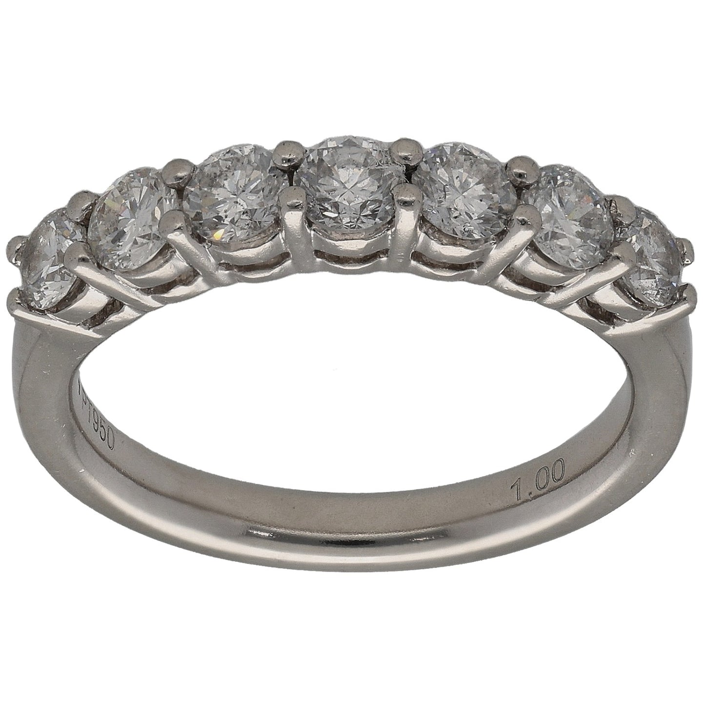 Platinum half eternity ring with round diamonds in prong settings, full top view