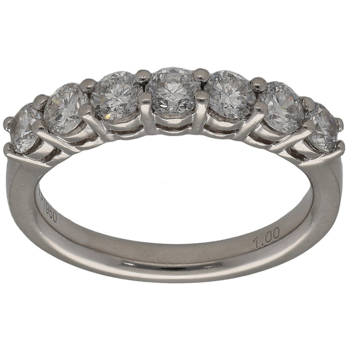 Platinum half eternity ring with round diamonds in prong settings, full top view