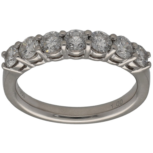 Platinum half eternity ring with round diamonds in prong settings, full top view