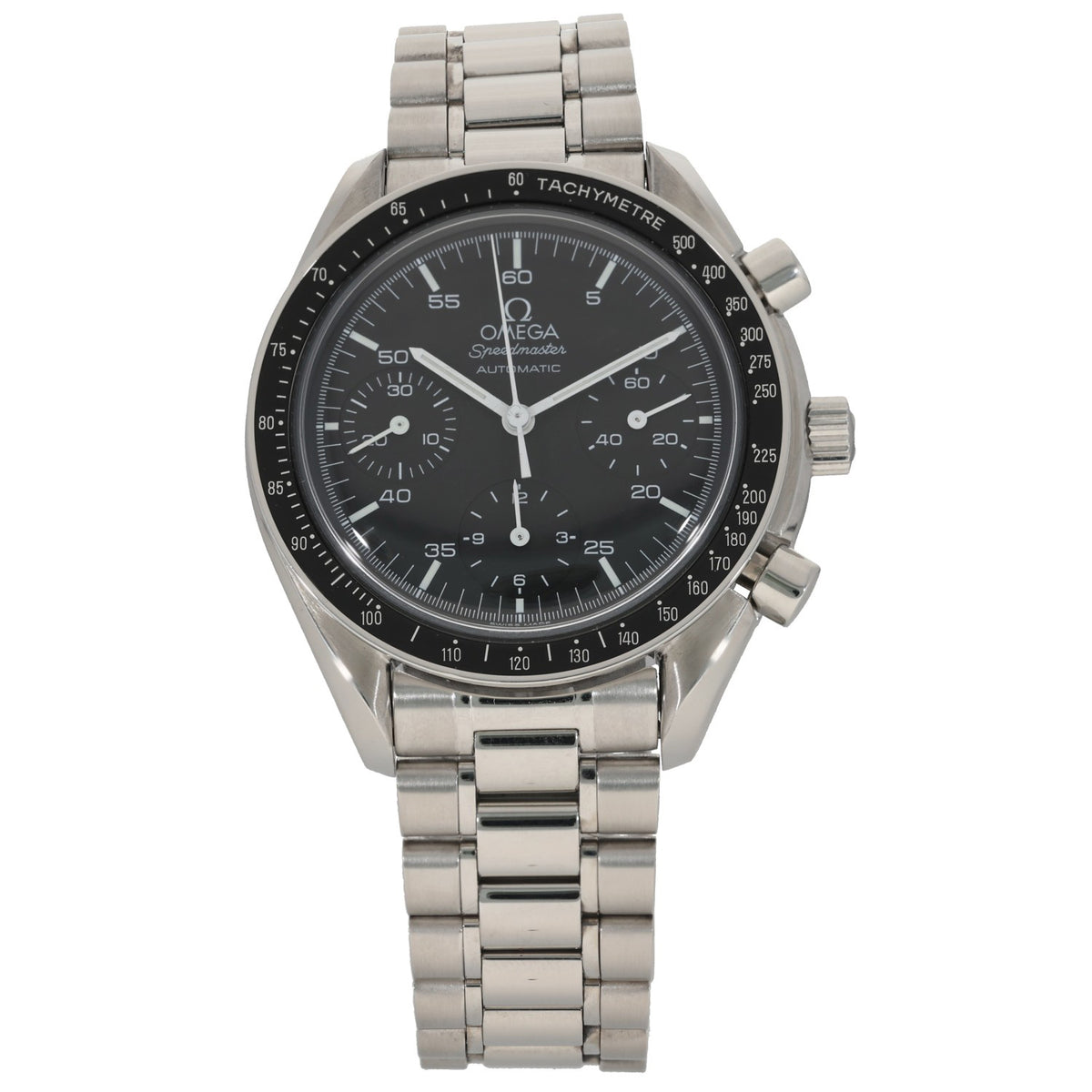 Omega Speedmaster 3510.50.00 Moonwatch, black dial and bezel with tachymeter.