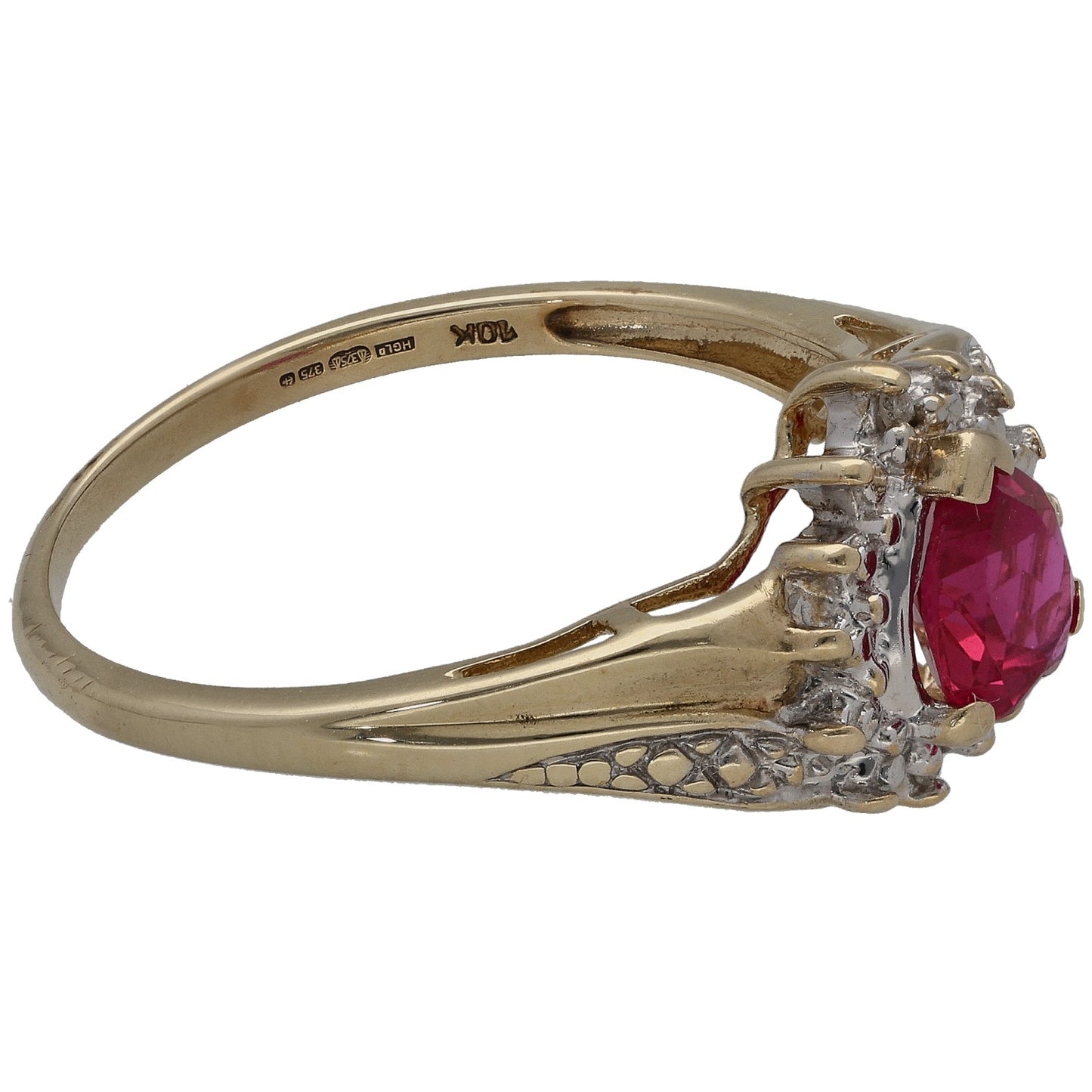 9ct Gold Man Made Ruby & 0.015ct Diamond Dress/Cocktail Ring Size S