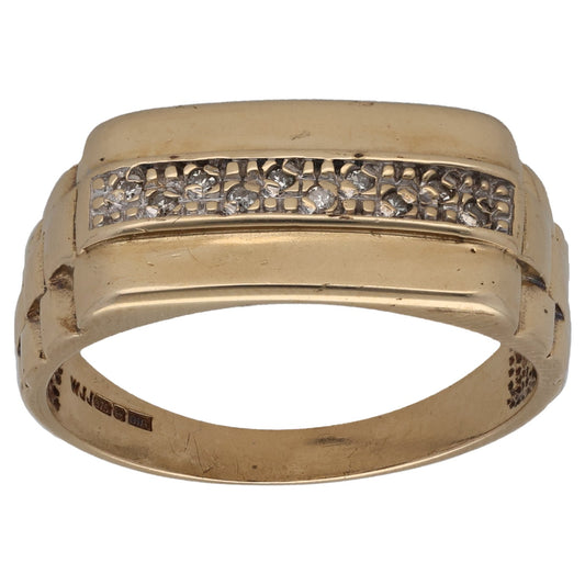 9ct Gold 0.05ct Diamond Patterned Signet Ring Size T