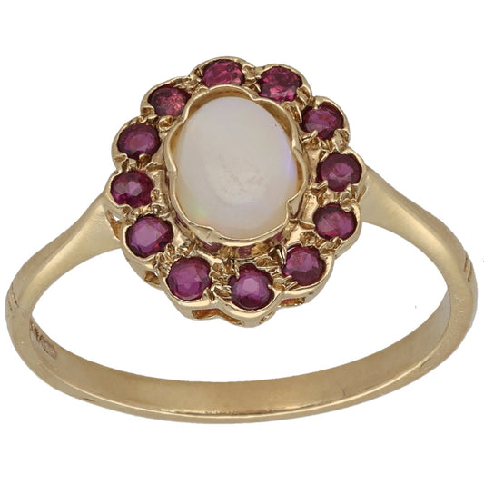 9ct gold cocktail ring with oval opal centerpiece and purple ruby halo