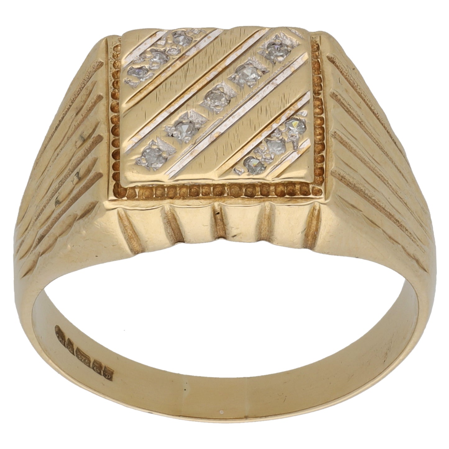 9ct Gold 0.055ct Diamond Patterned Signet Ring Size V
