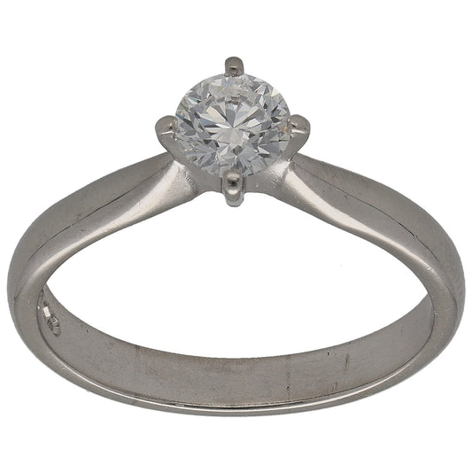 Platinum solitaire diamond ring with round center stone and four prongs
