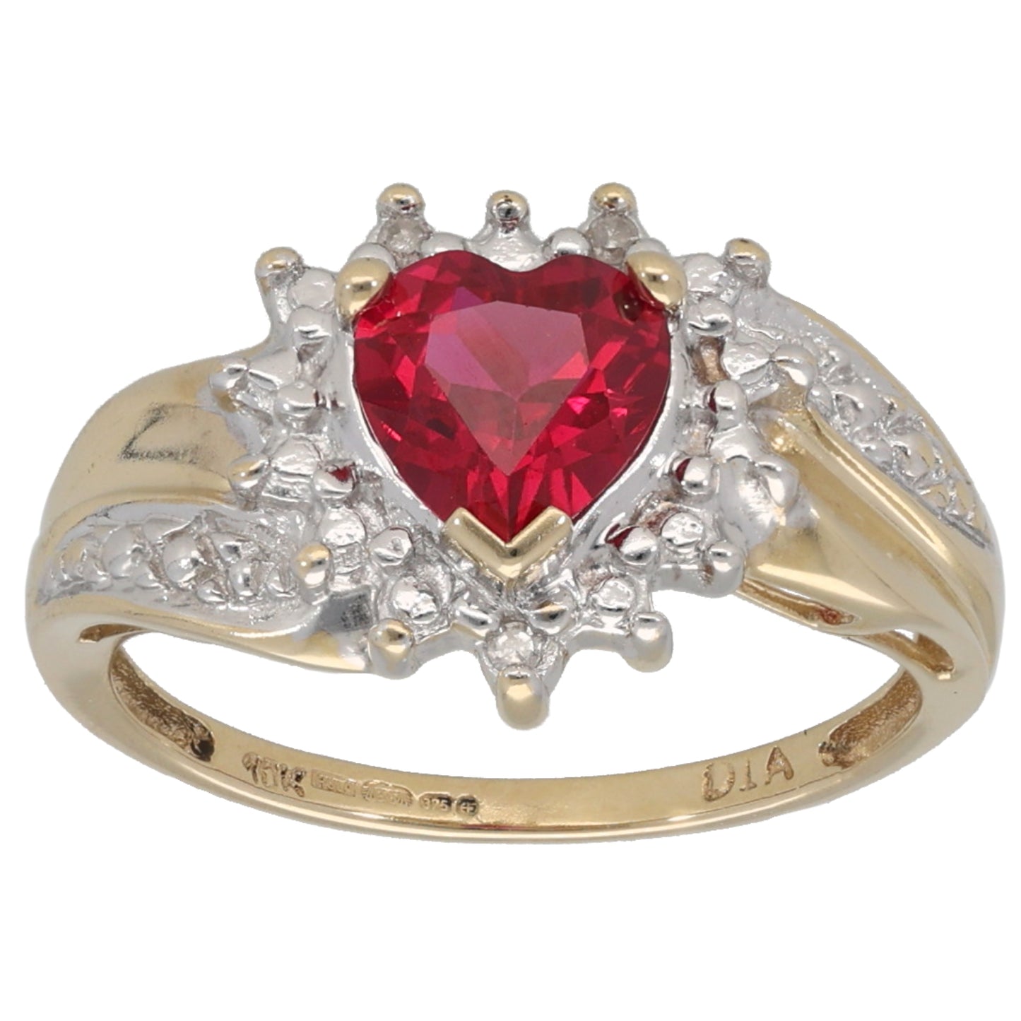 9ct Gold Man Made Ruby & 0.03ct Diamond Cluster Ring Size J