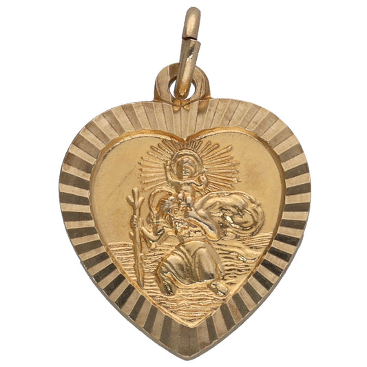 9ct gold heart pendant with St Christopher relief and top bail