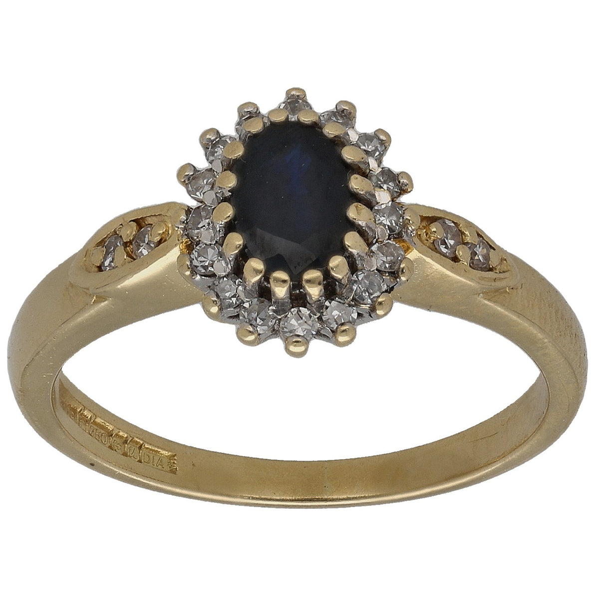 Gold dress ring with dark oval sapphire center and round diamond halo