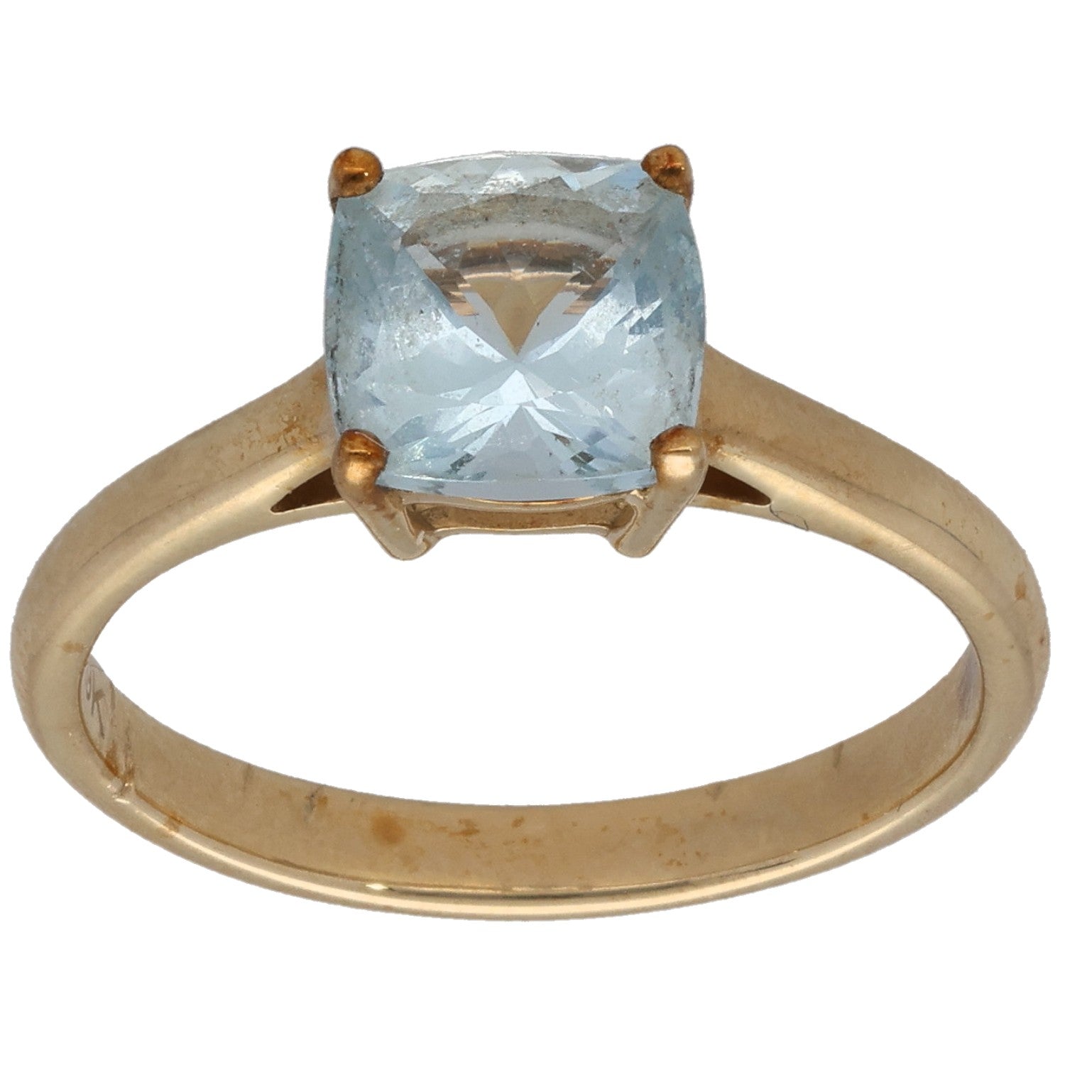 9ct gold single-stone ring with square-cut light blue aquamarine and four-prong setting