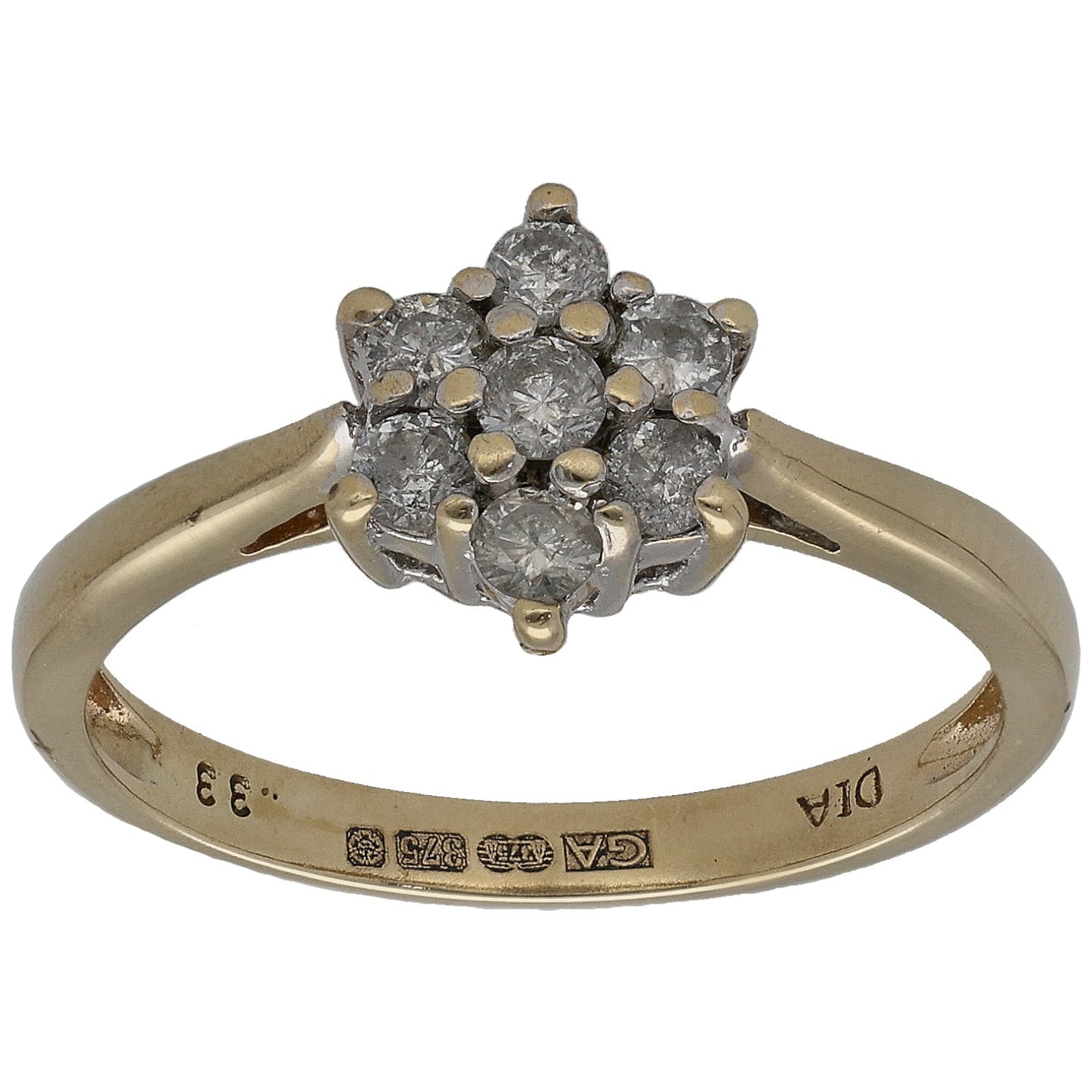 9ct gold round diamond cluster ring with round center stones and side settings