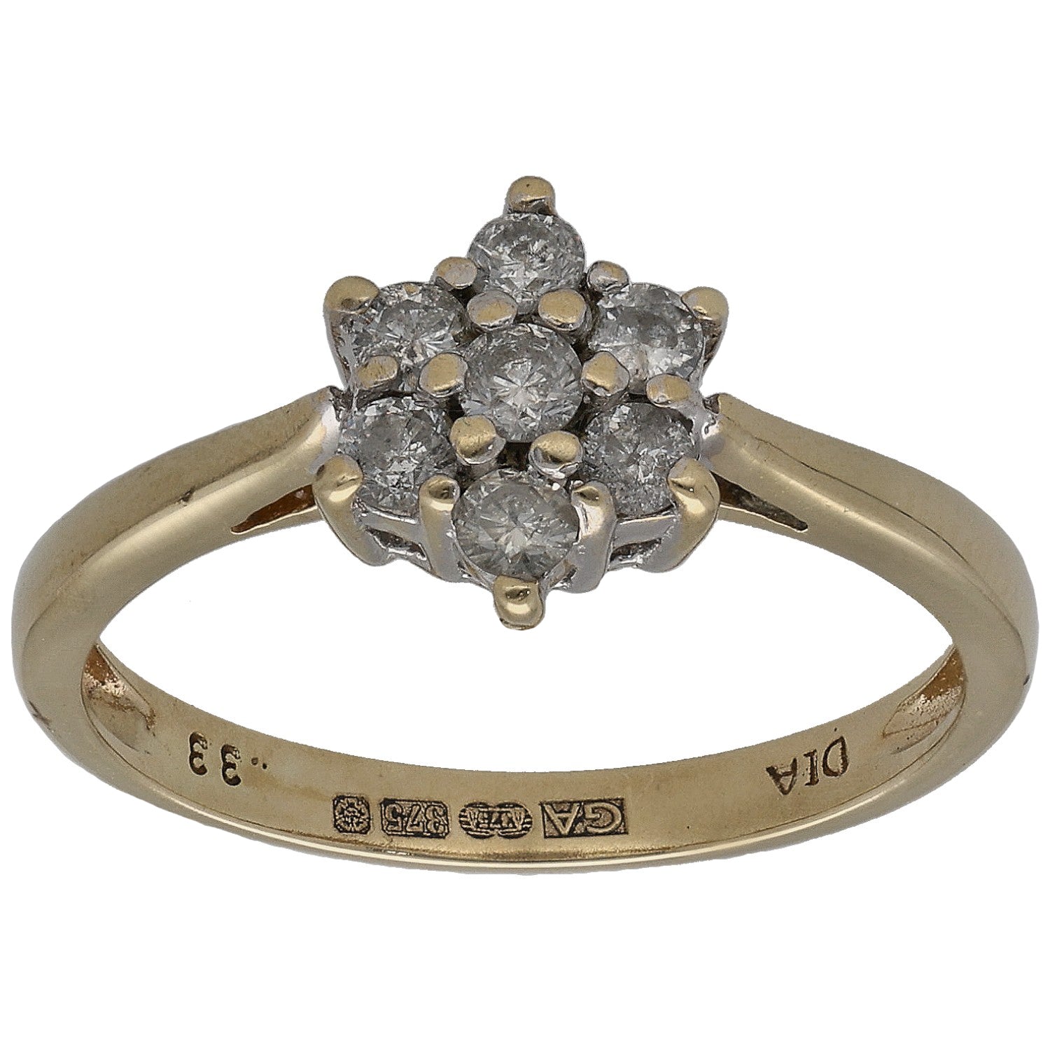 9ct gold round diamond cluster ring with round center stones and side settings
