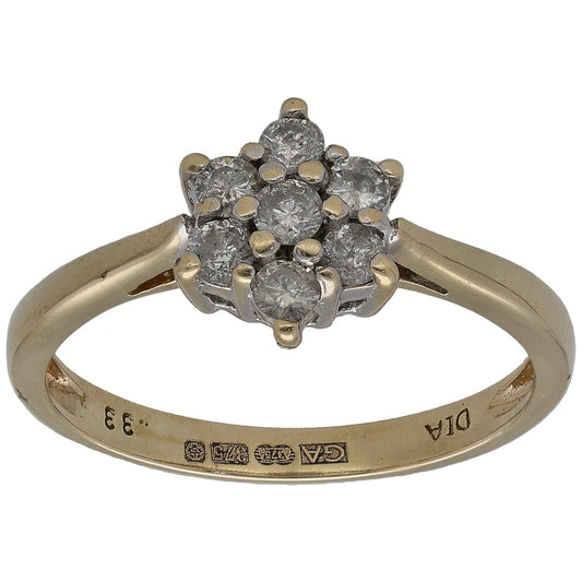 9ct gold round diamond cluster ring with round center stones and side settings