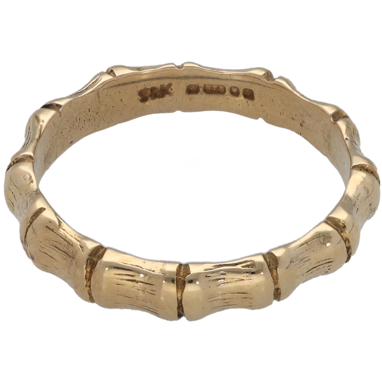 9ct gold alternative ring, size M, hammered bamboo-style band with inner markings