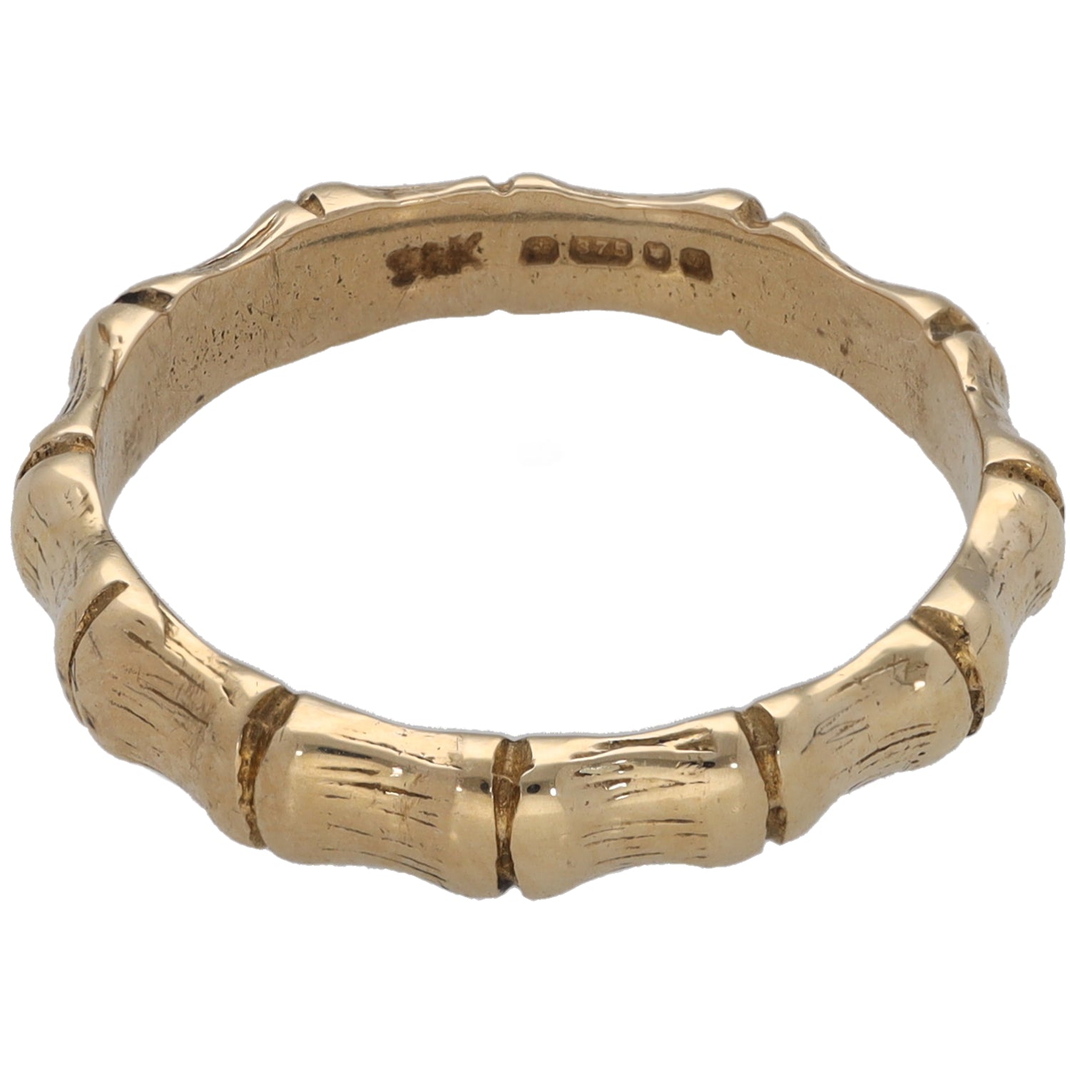 9ct gold alternative ring, size M, hammered bamboo-style band with inner markings